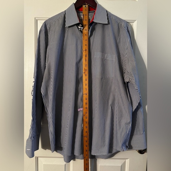 ALEX CANNON Blue White Stripe LG Button Down Contrast Cuffs Elbow Patches Cotton - Picture 15 of 16